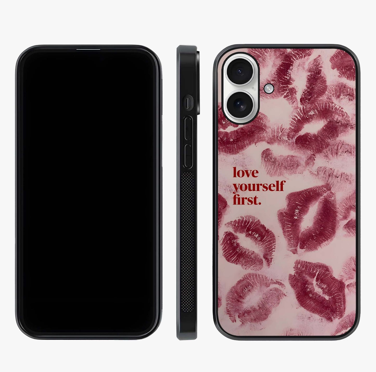 Crimson Kiss Love Glass Case displayed upright for full design visibility and premium finish.