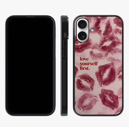 Crimson Kiss Love Glass Case displayed upright for full design visibility and premium finish.