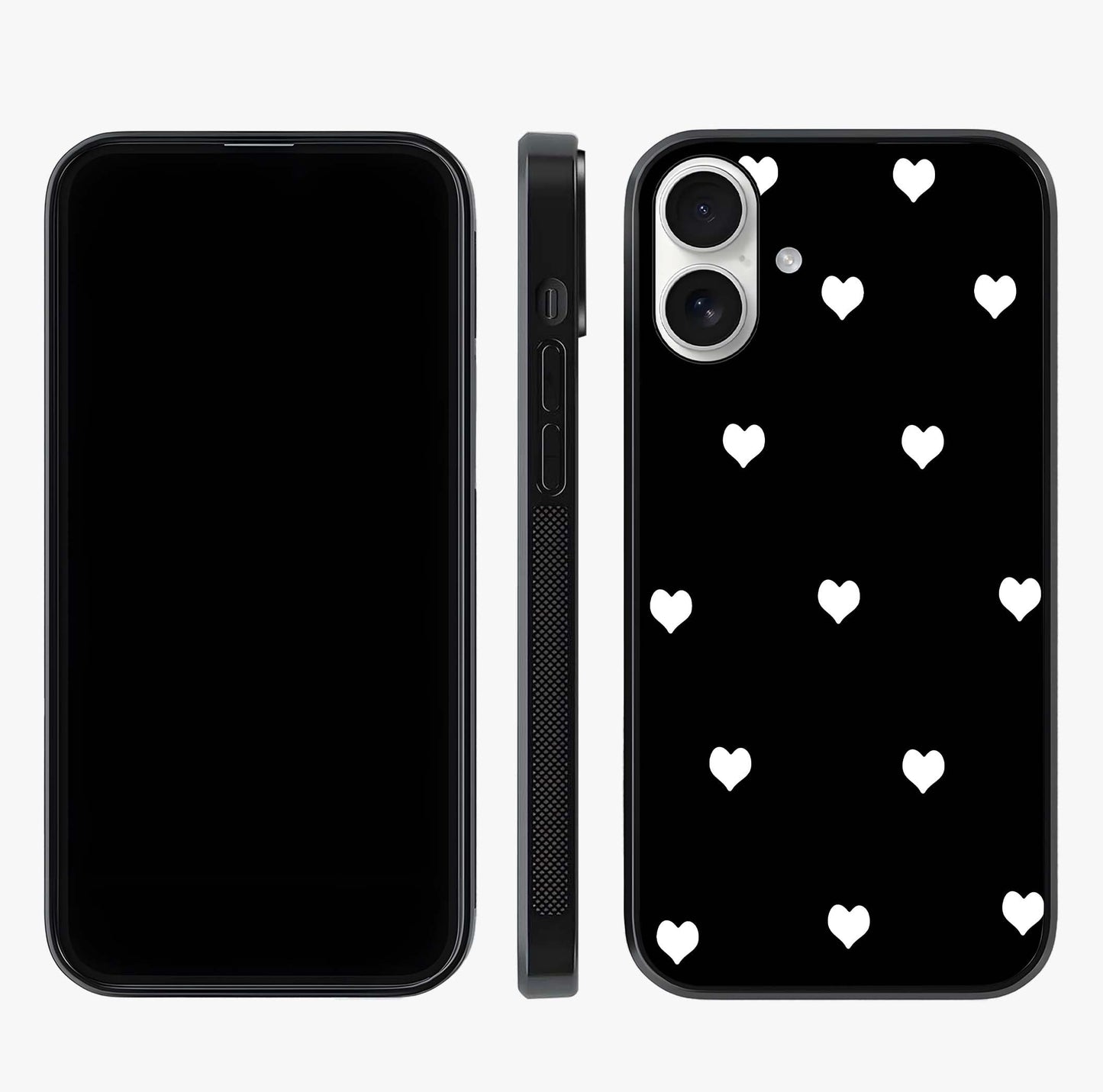Cute And Simple White Hearts Glass Case displayed upright for full design visibility and premium finish.