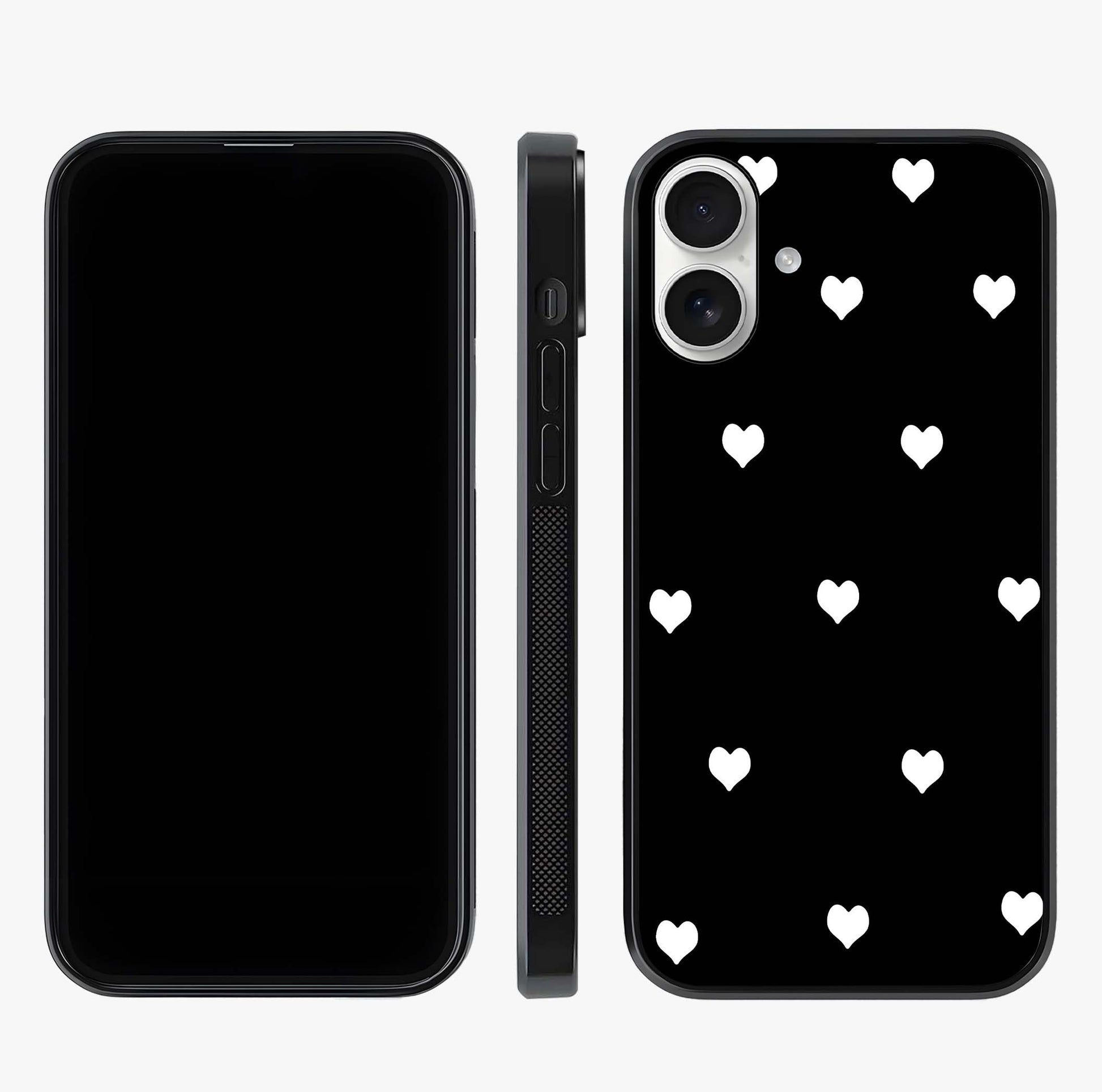 Cute And Simple White Hearts Glass Case displayed upright for full design visibility and premium finish.