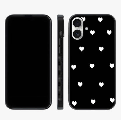 Cute And Simple White Hearts Glass Case displayed upright for full design visibility and premium finish.