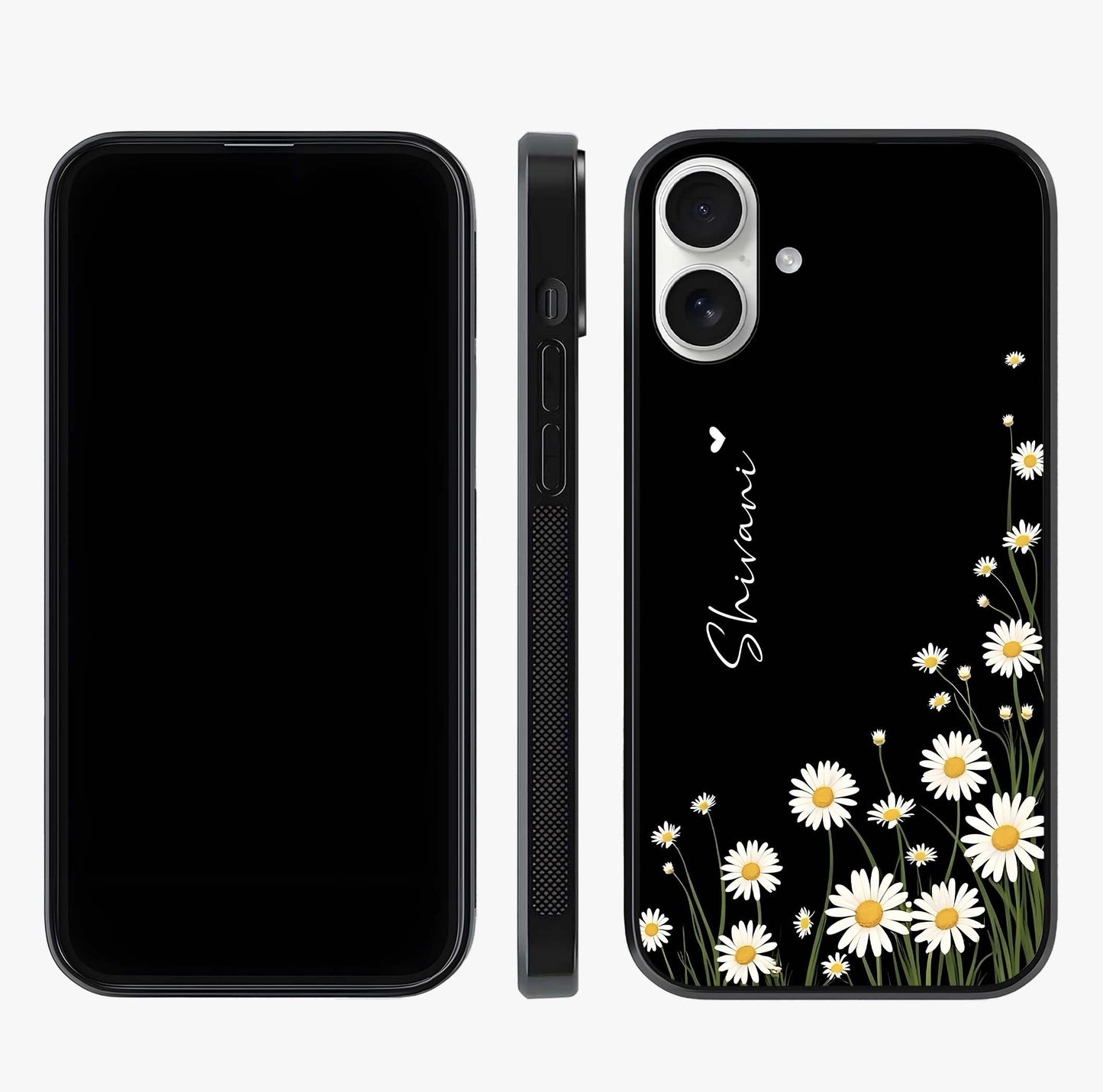 Daisy Cascade Custom Name Glass Case displayed upright for full design visibility and premium finish.