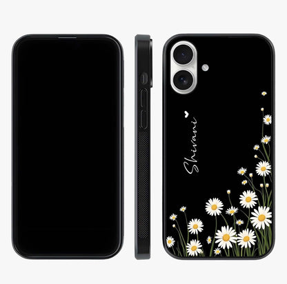 Daisy Cascade Custom Name Glass Case displayed upright for full design visibility and premium finish.