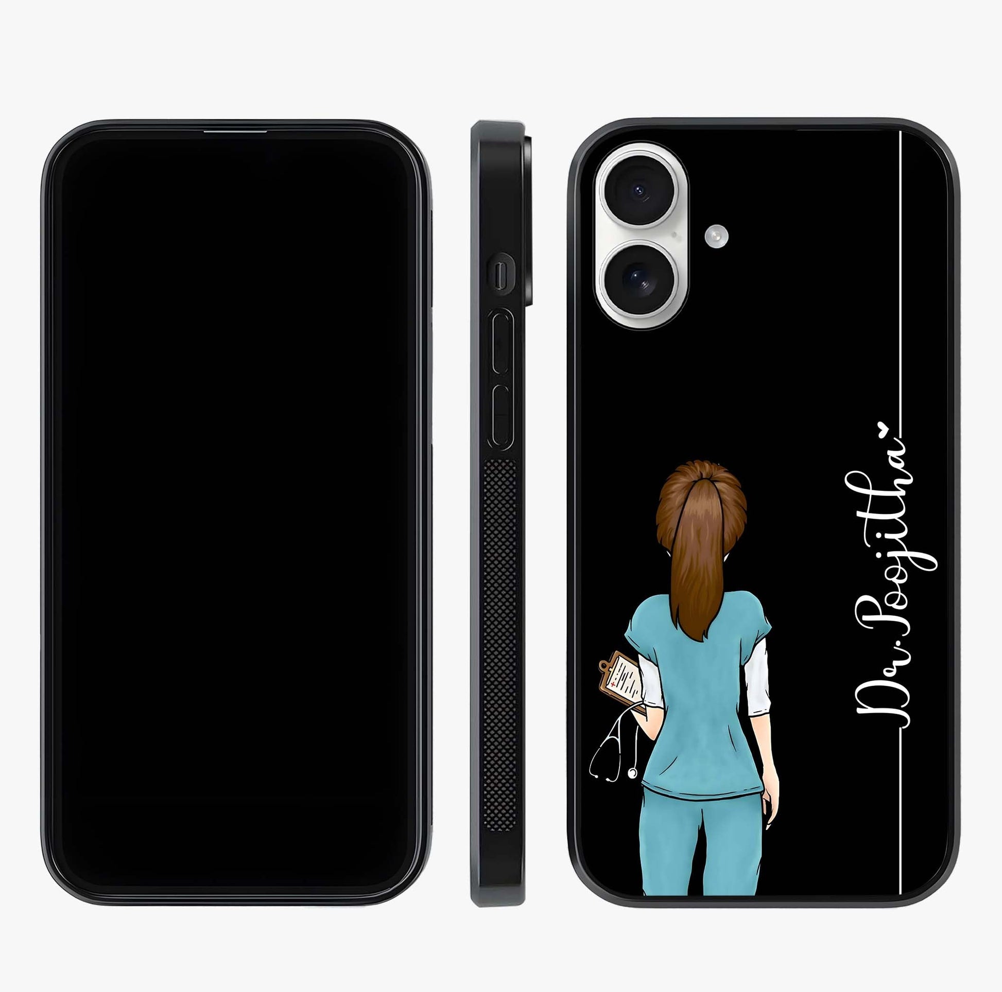 Doctor Pattern Custom Name Glass Case displayed upright for full design visibility and premium finish.