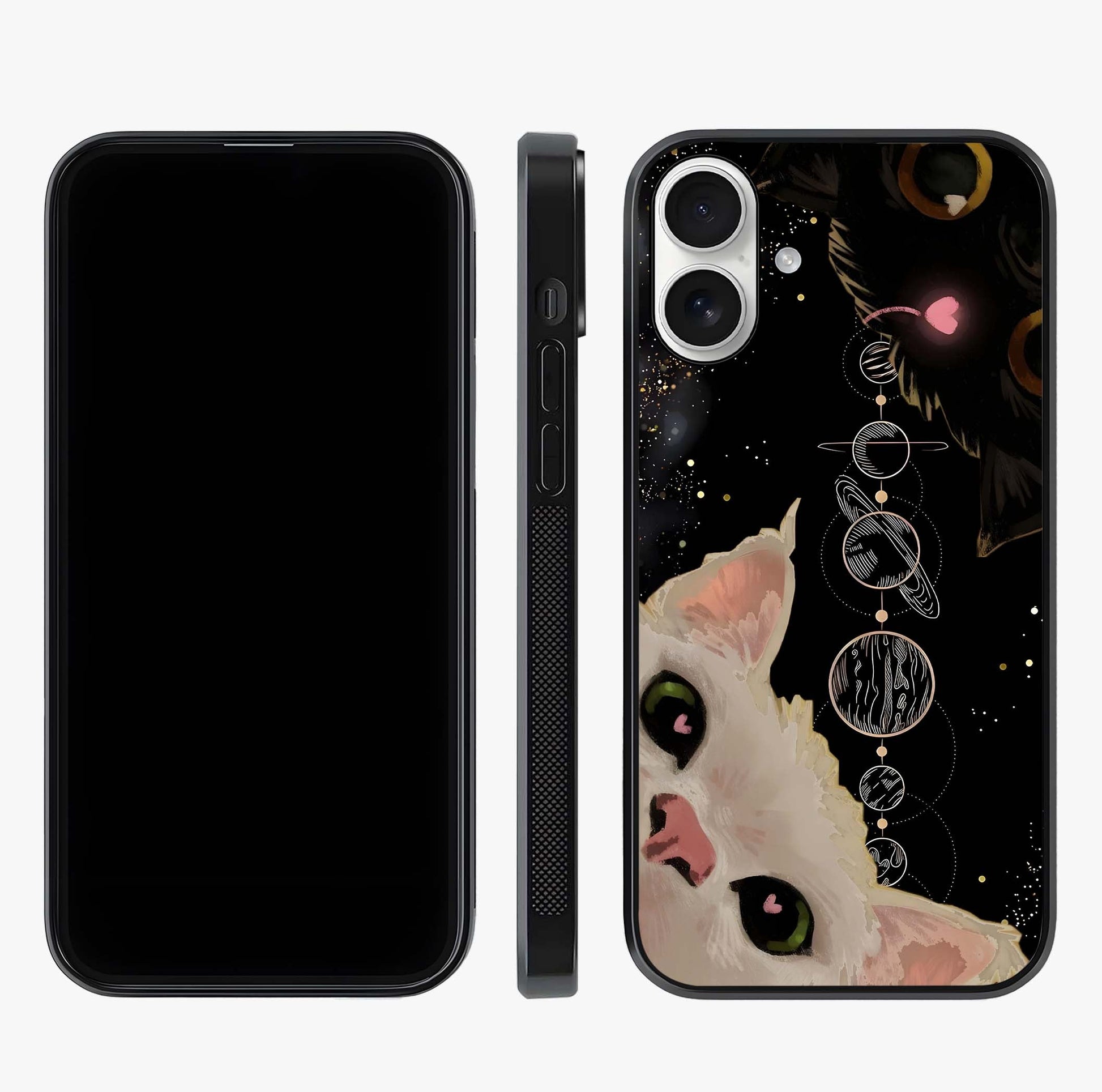 Galactic Cat Glass Case displayed upright for full design visibility and premium finish.