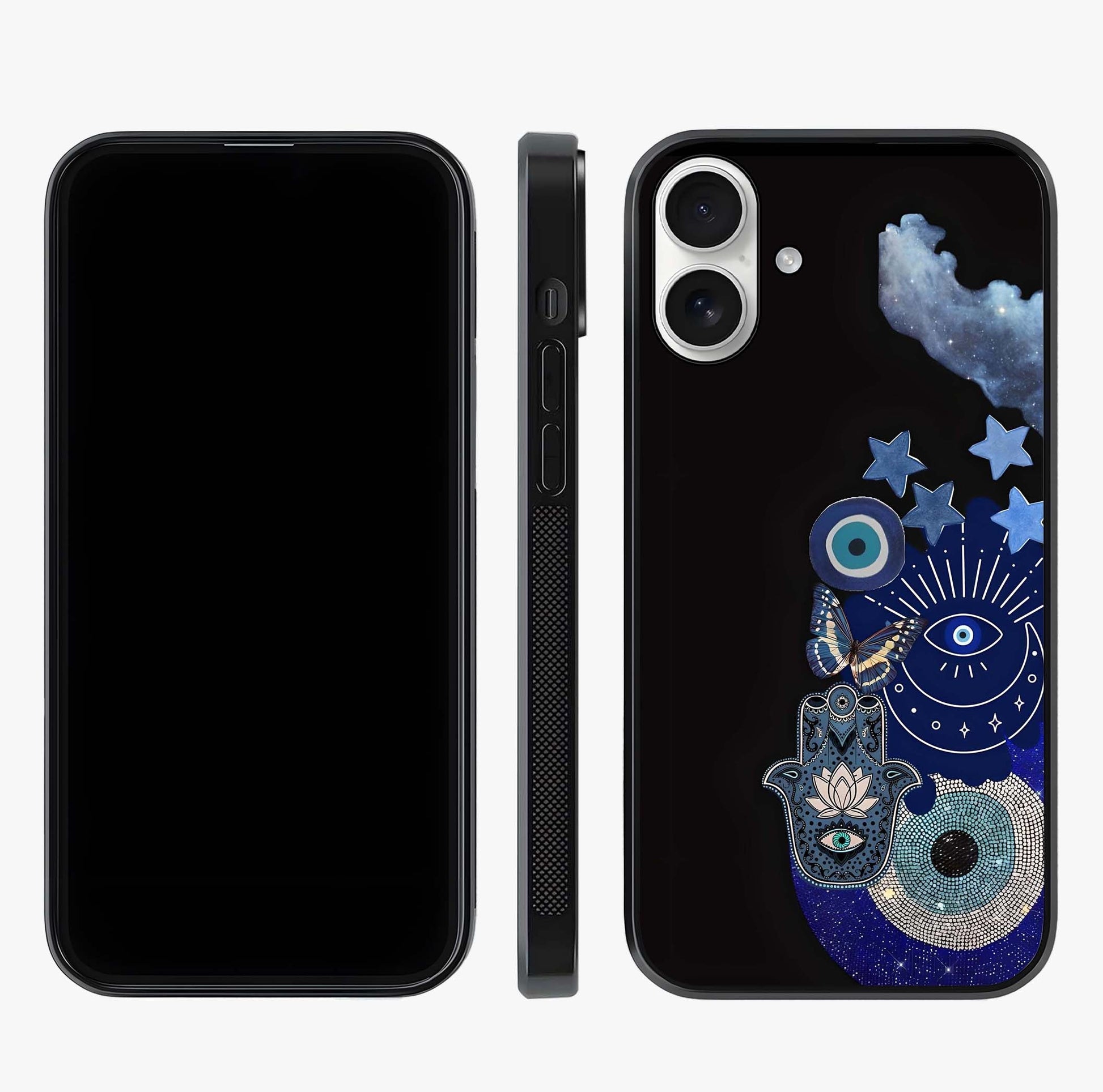Galactic Charm Cluster Glass Case displayed upright for full design visibility and premium finish.