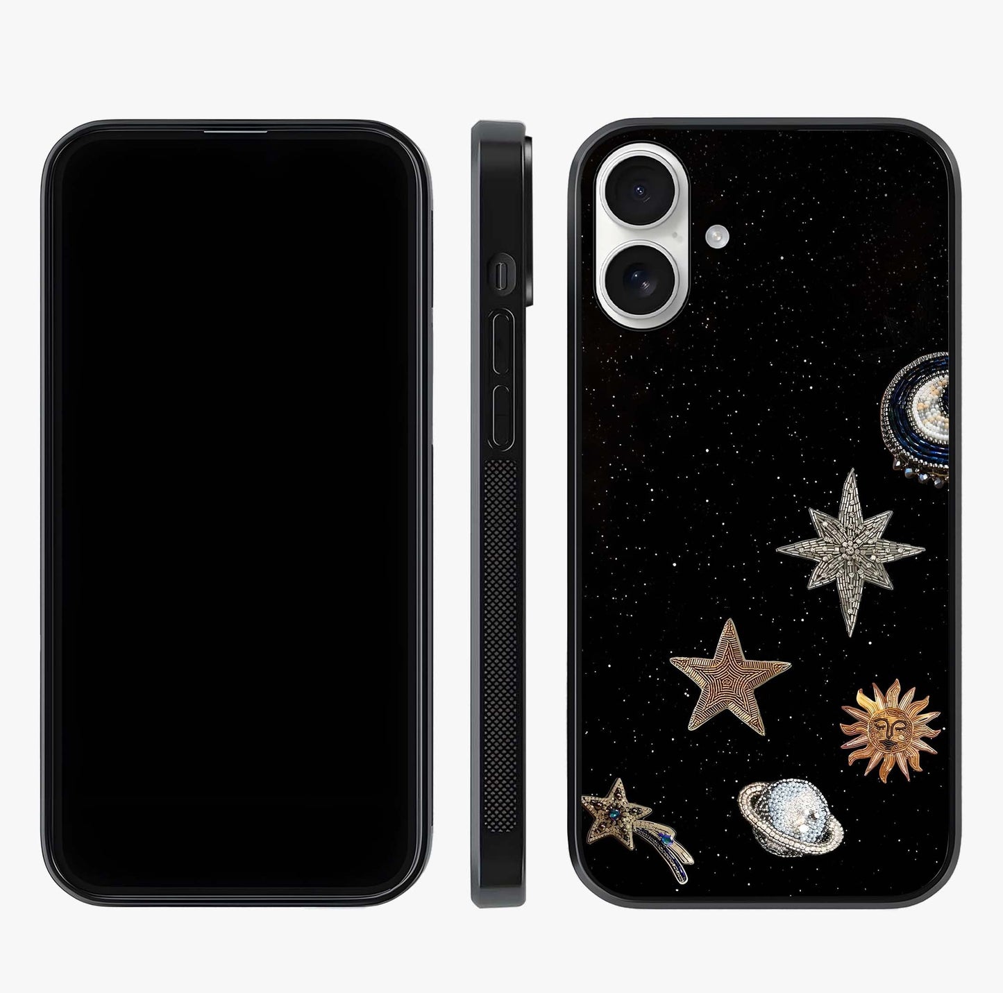Galactic Charm Glow Glass Case displayed upright for full design visibility and premium finish.