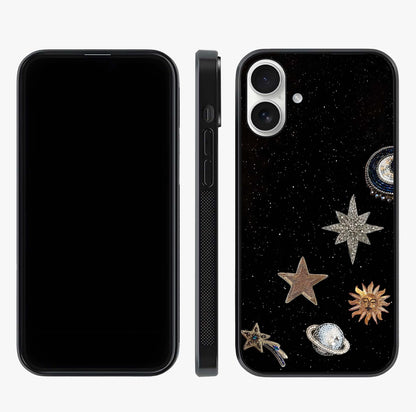 Galactic Charm Glow Glass Case displayed upright for full design visibility and premium finish.