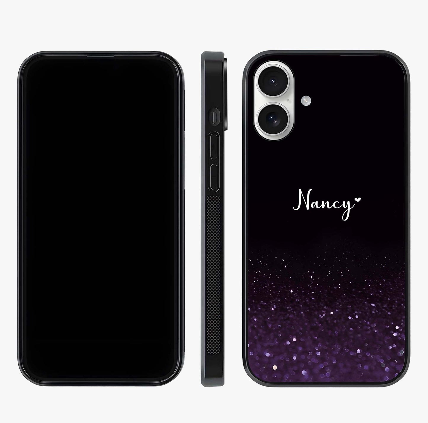 Glittery Purple Bokeh Custom Name Glass Case displayed upright for full design visibility and premium finish.