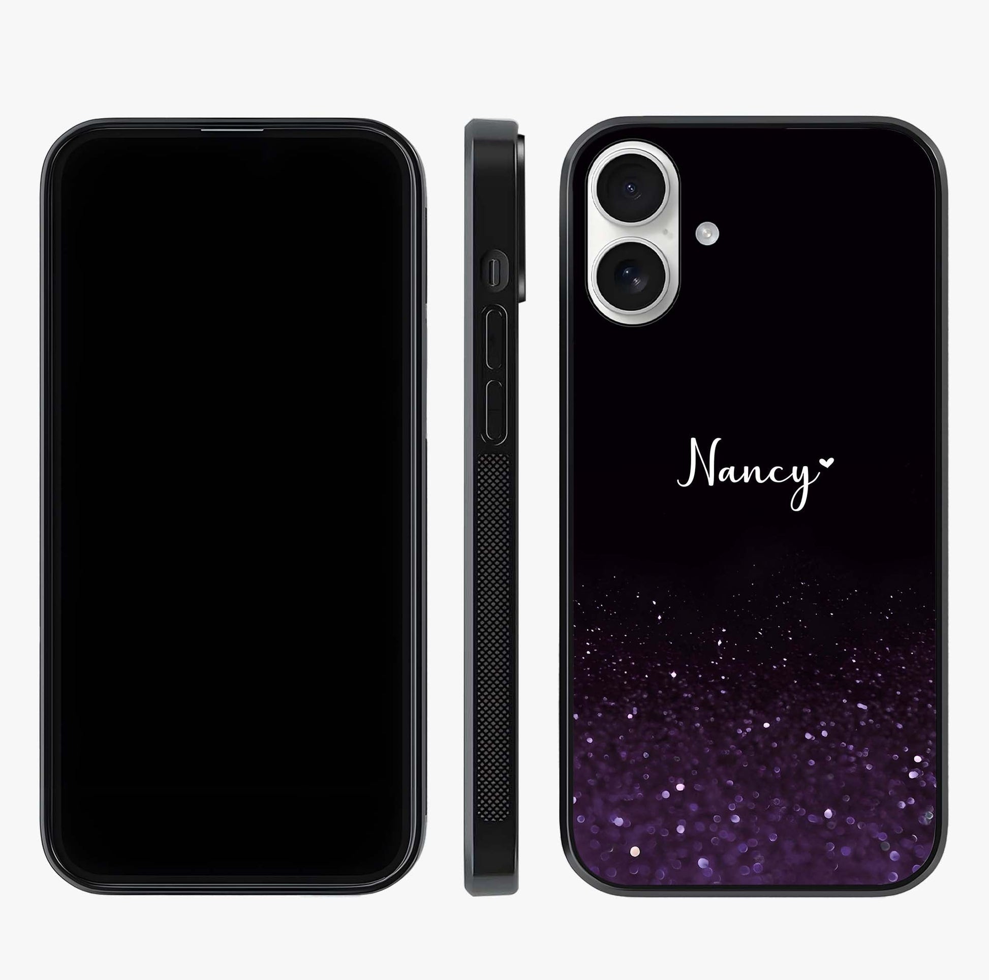 Glittery Purple Bokeh Custom Name Glass Case displayed upright for full design visibility and premium finish.