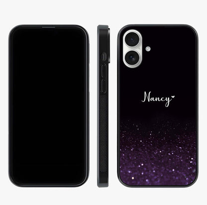Glittery Purple Bokeh Custom Name Glass Case displayed upright for full design visibility and premium finish.