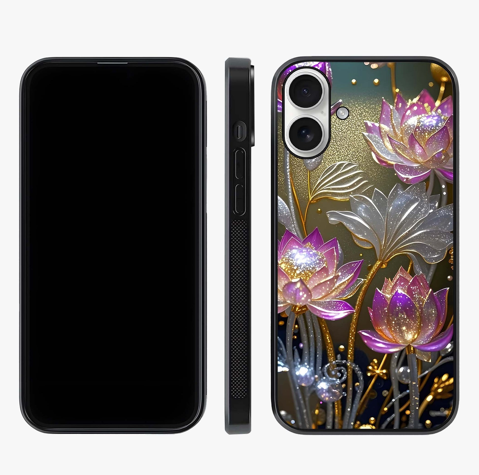 Golden Floral Majesty Glass Case displayed upright for full design visibility and premium finish.