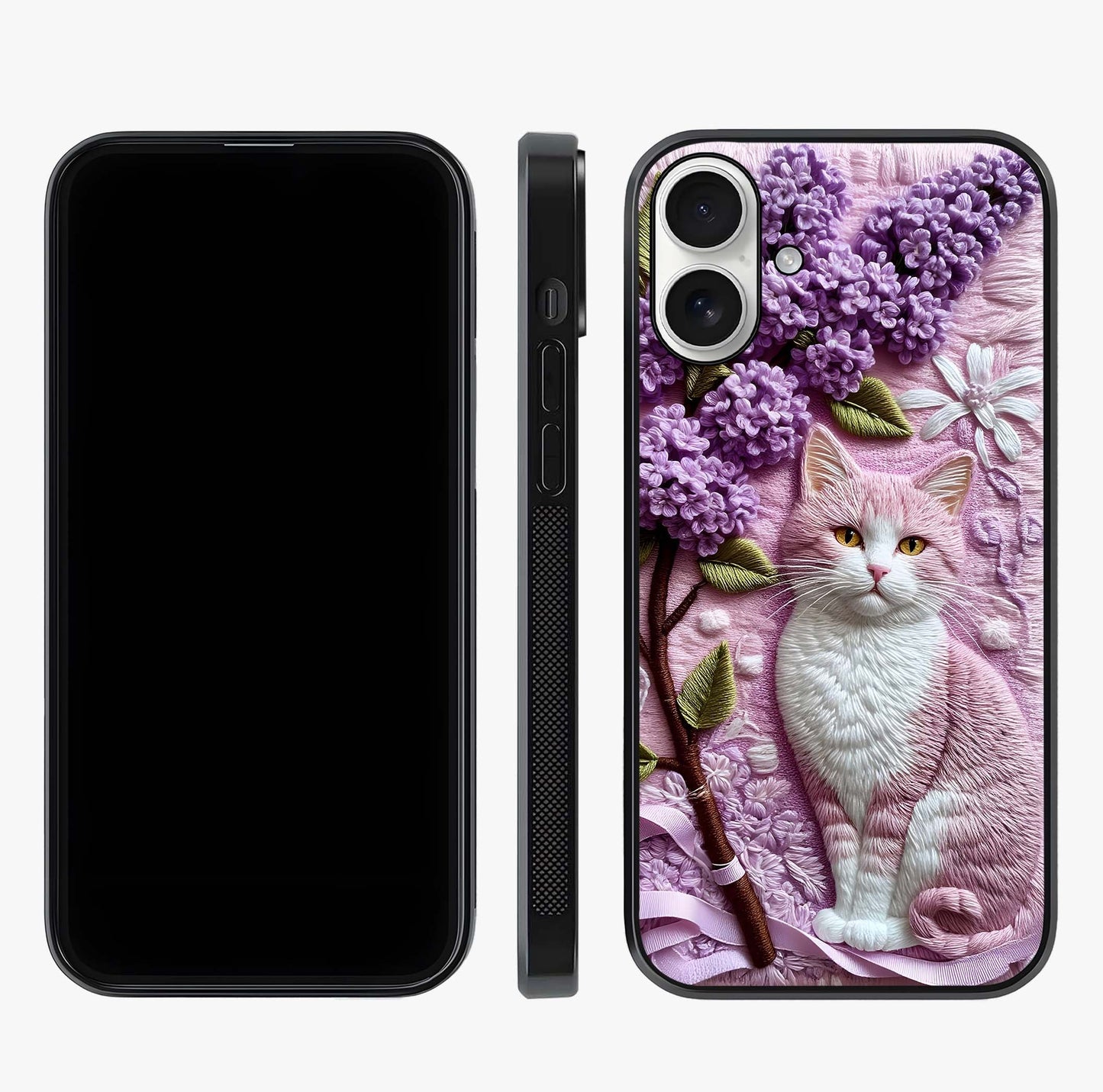 Lavender Cat Whimsy Glass Case displayed upright for full design visibility and premium finish.