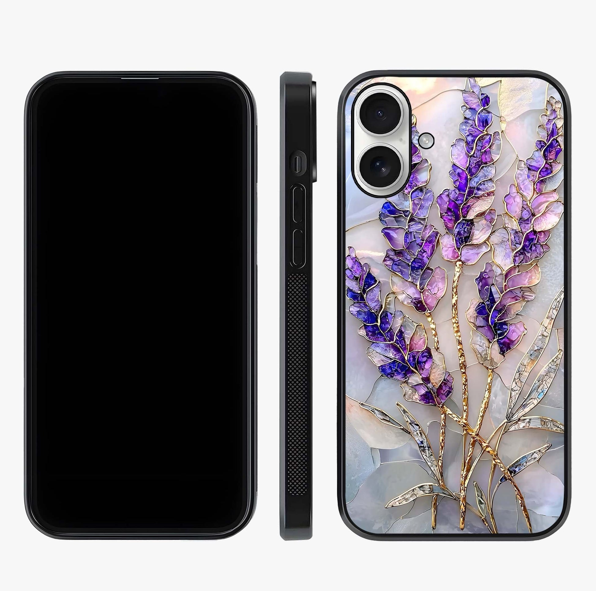 Lavender Dream Glow Glass Case displayed upright for full design visibility and premium finish.