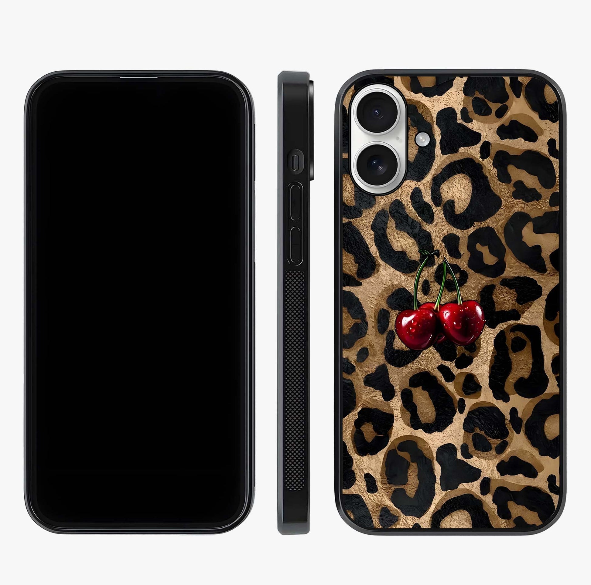 Leopard Wild Cherry Glass Case displayed upright for full design visibility and premium finish.