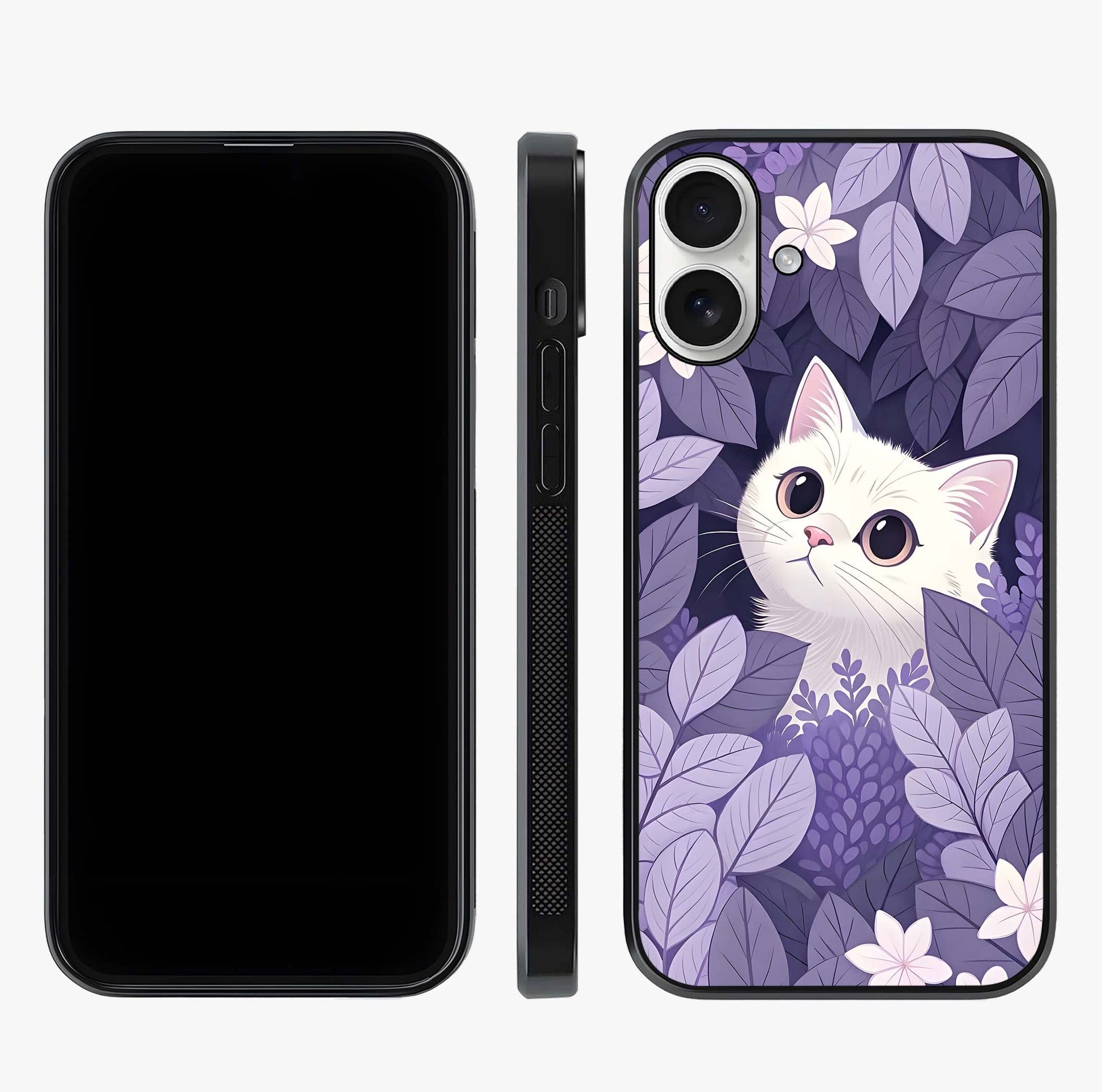 Lilac Hide Peek Cat Glass Case displayed upright for full design visibility and premium finish.