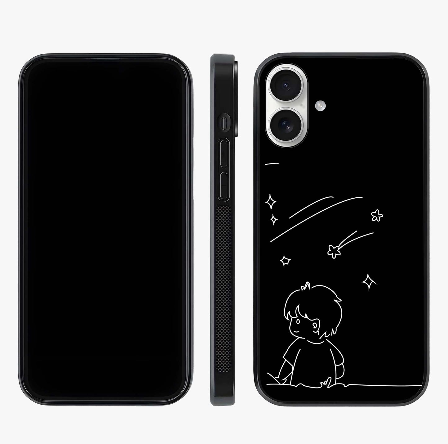 Line Art Boy With Shooting Stars Glass Case displayed upright for full design visibility and premium finish.