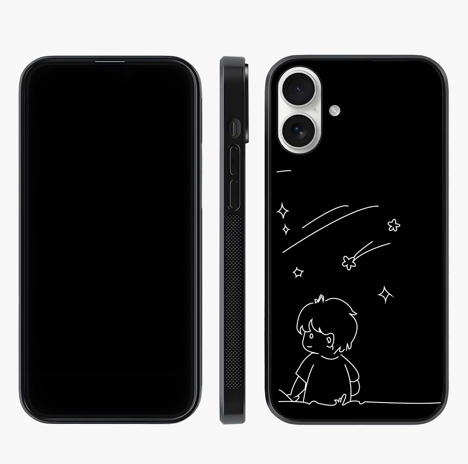 Line Art Boy With Shooting Stars Glass Case displayed upright for full design visibility and premium finish.