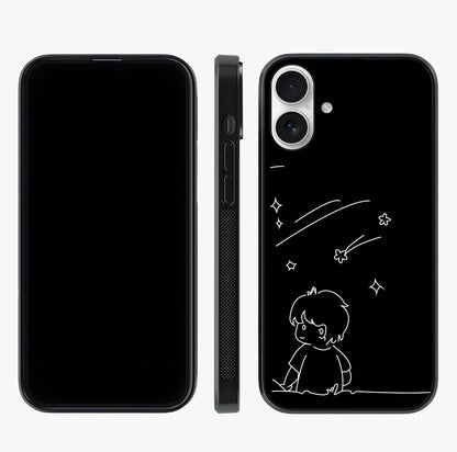 Line Art Boy With Shooting Stars Glass Case displayed upright for full design visibility and premium finish.