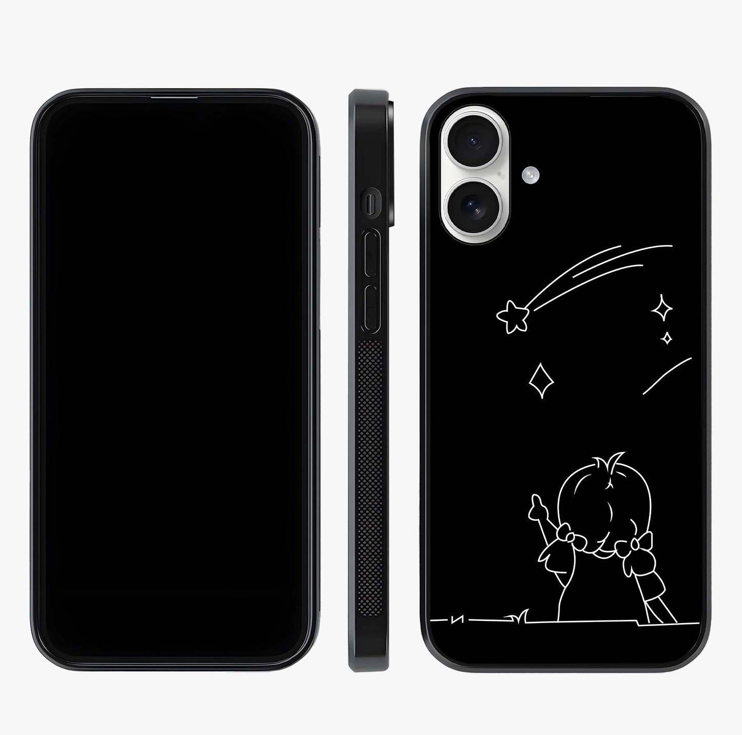 Line Art Girl With Shooting Stars Glass Case displayed upright for full design visibility and premium finish.