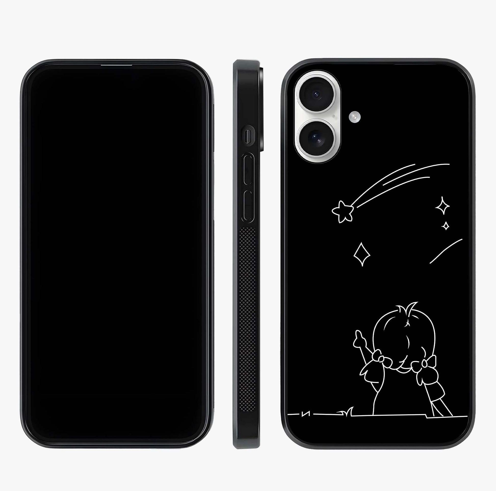 Line Art Girl With Shooting Stars Glass Case displayed upright for full design visibility and premium finish.