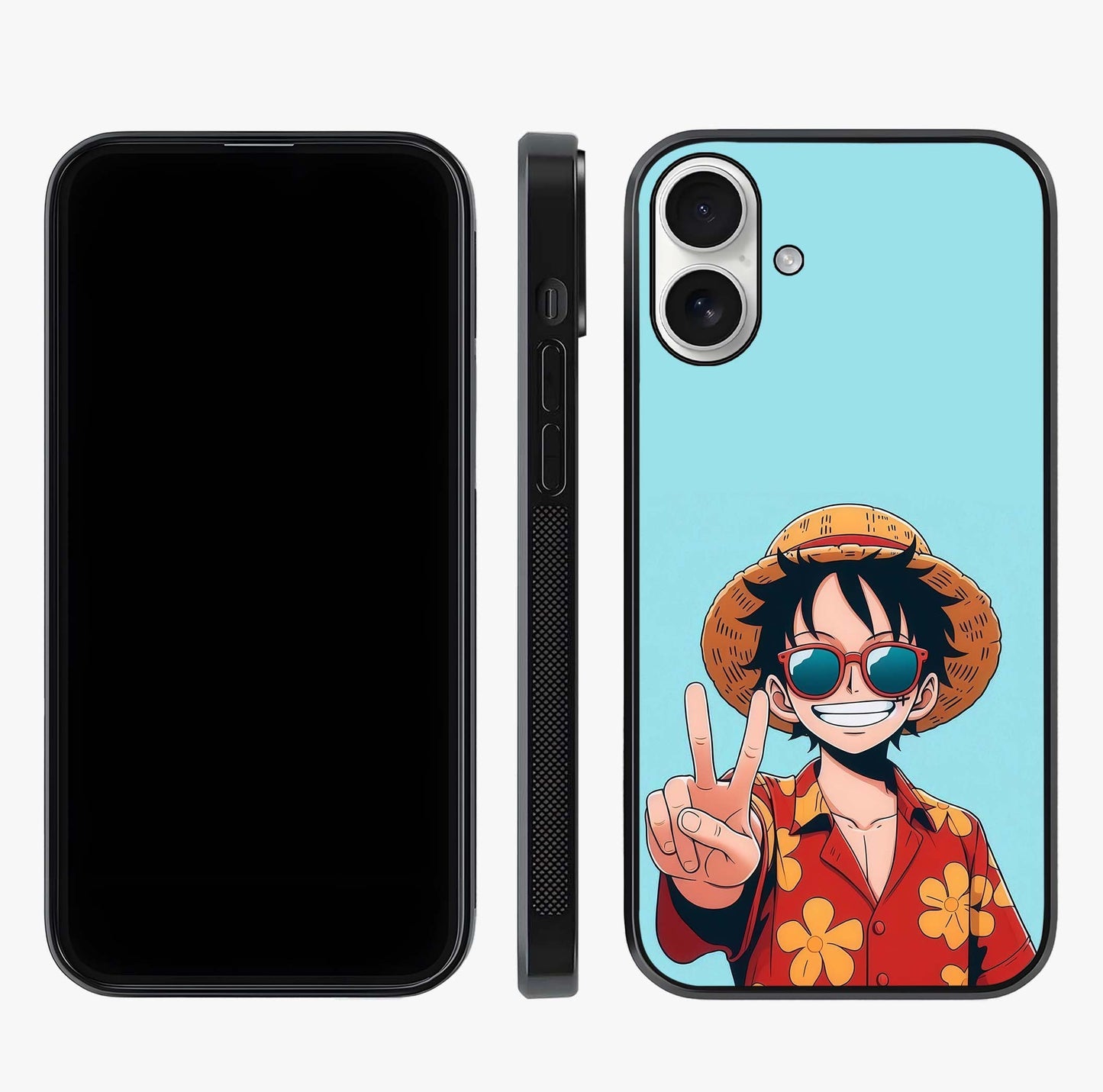 Luffy Summer Anime Vibe Glass Case displayed upright for full design visibility and premium finish.