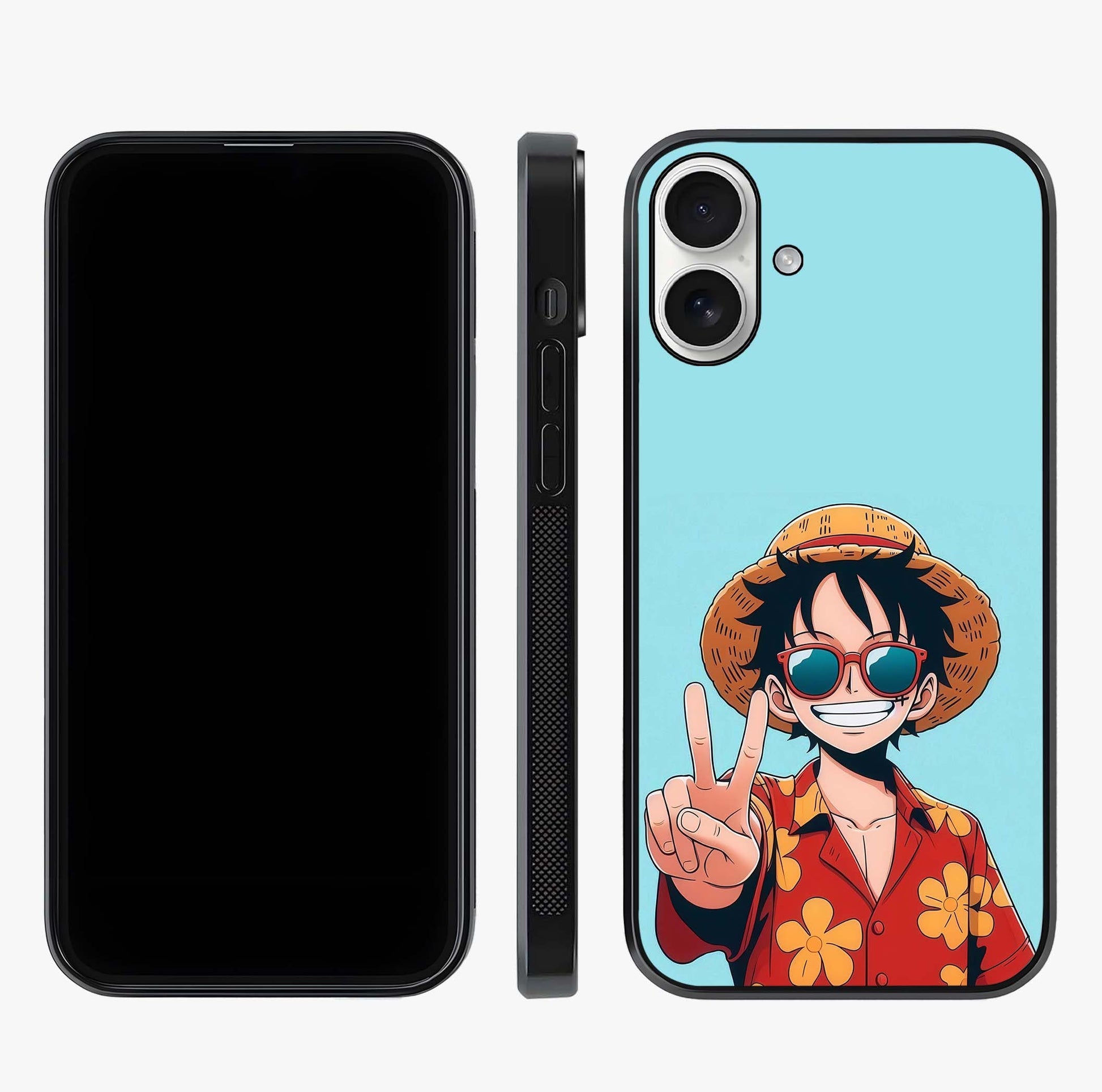 Luffy Summer Anime Vibe Glass Case displayed upright for full design visibility and premium finish.
