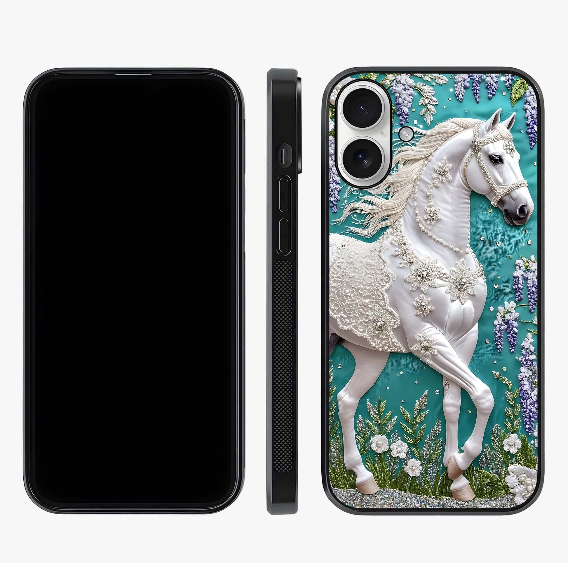 Majestic Floral Stallion Glass Case displayed upright for full design visibility and premium finish.