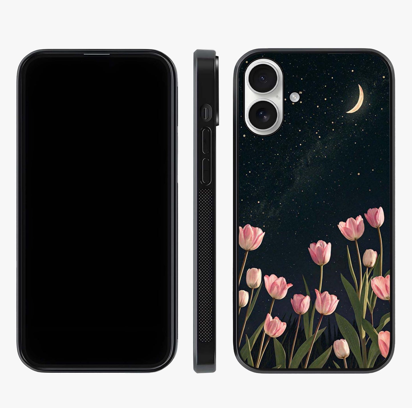 Midnight Tulip Whispers Vibe Glass Case displayed upright for full design visibility and premium finish.