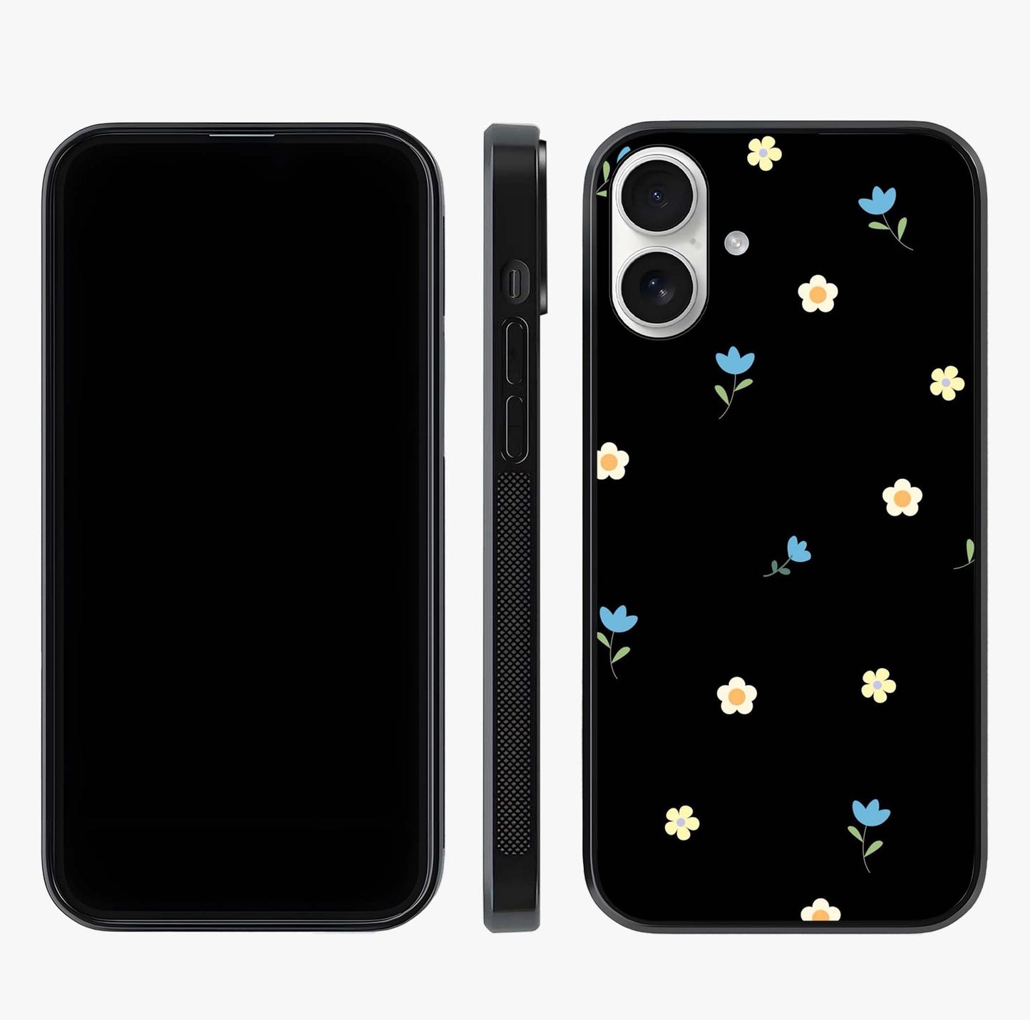 Minimal Petal Whispers Glass Case displayed upright for full design visibility and premium finish.