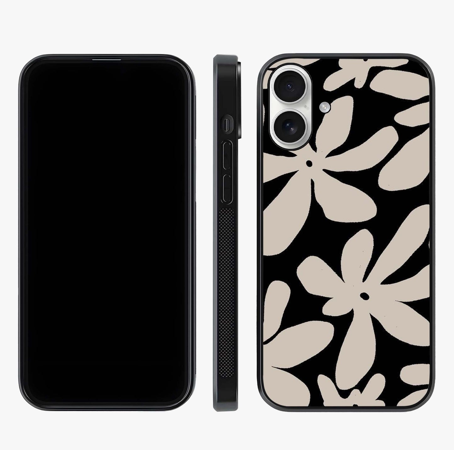 Monochrome Petal Dance Glass Case displayed upright for full design visibility and premium finish.
