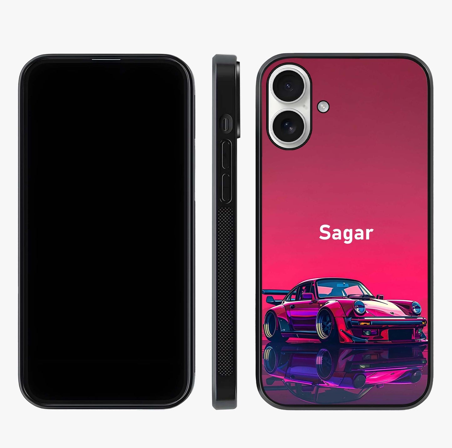 Neon Pink Porsche Glass Case displayed upright for full design visibility and premium finish.