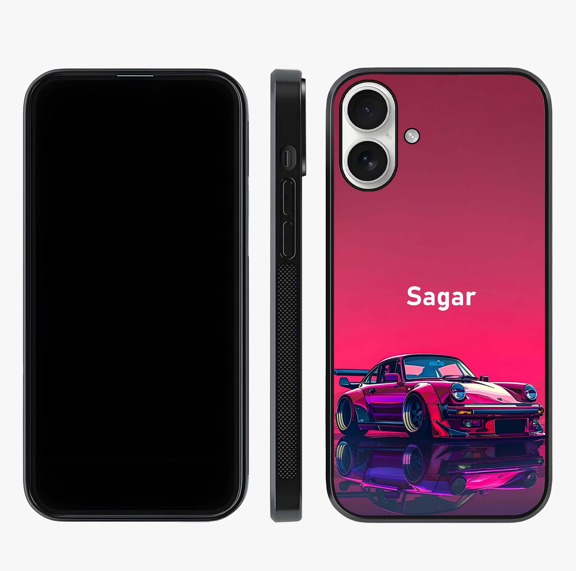 Neon Pink Porsche Glass Case displayed upright for full design visibility and premium finish.