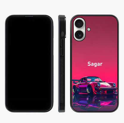 Neon Pink Porsche Glass Case displayed upright for full design visibility and premium finish.