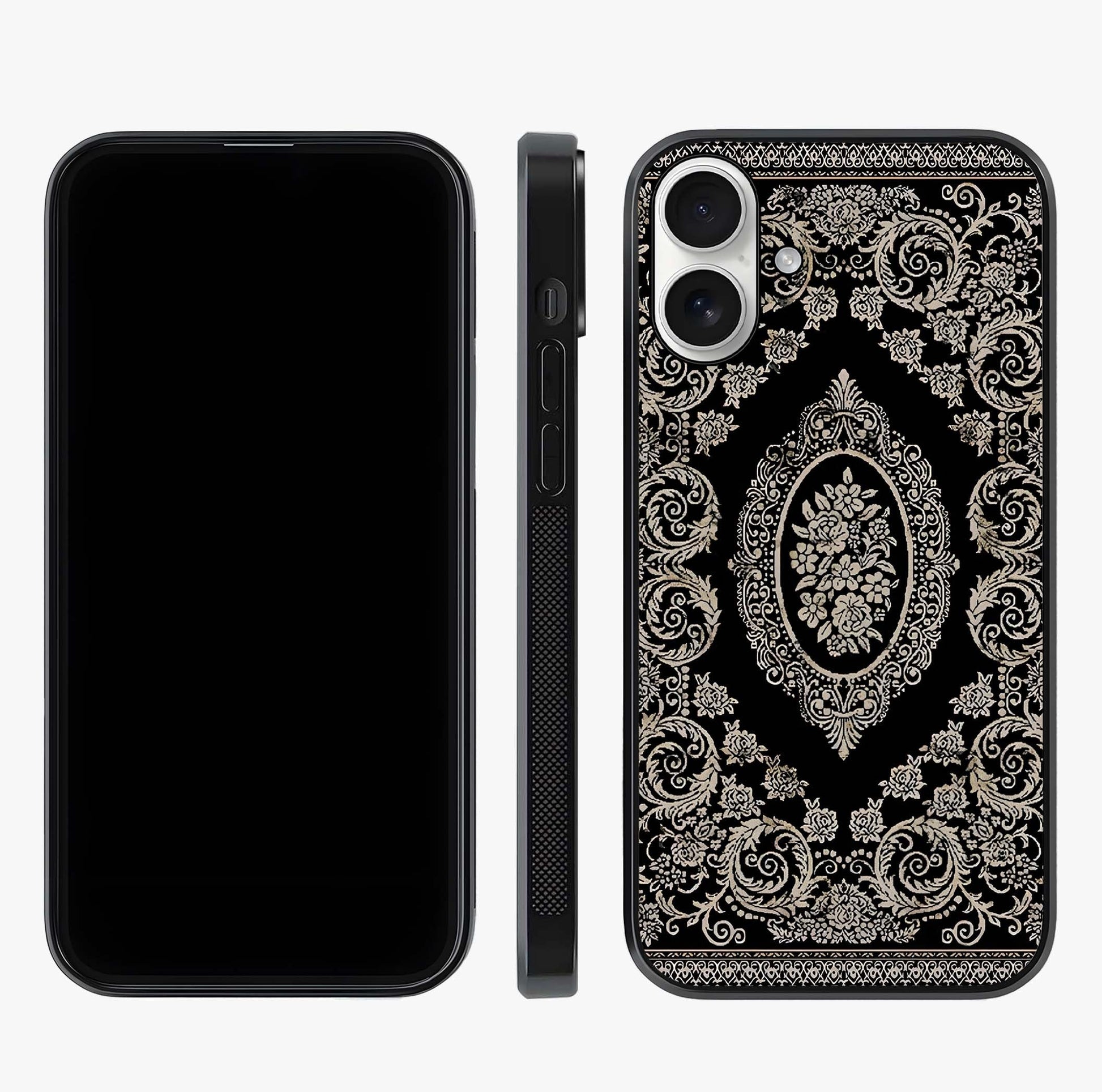 Noir Bloom Elegance Glass Case displayed upright for full design visibility and premium finish.