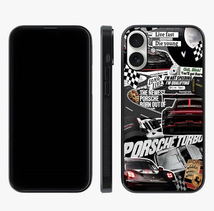 Porsche Racing Collage Glass Case displayed upright for full design visibility and premium finish.