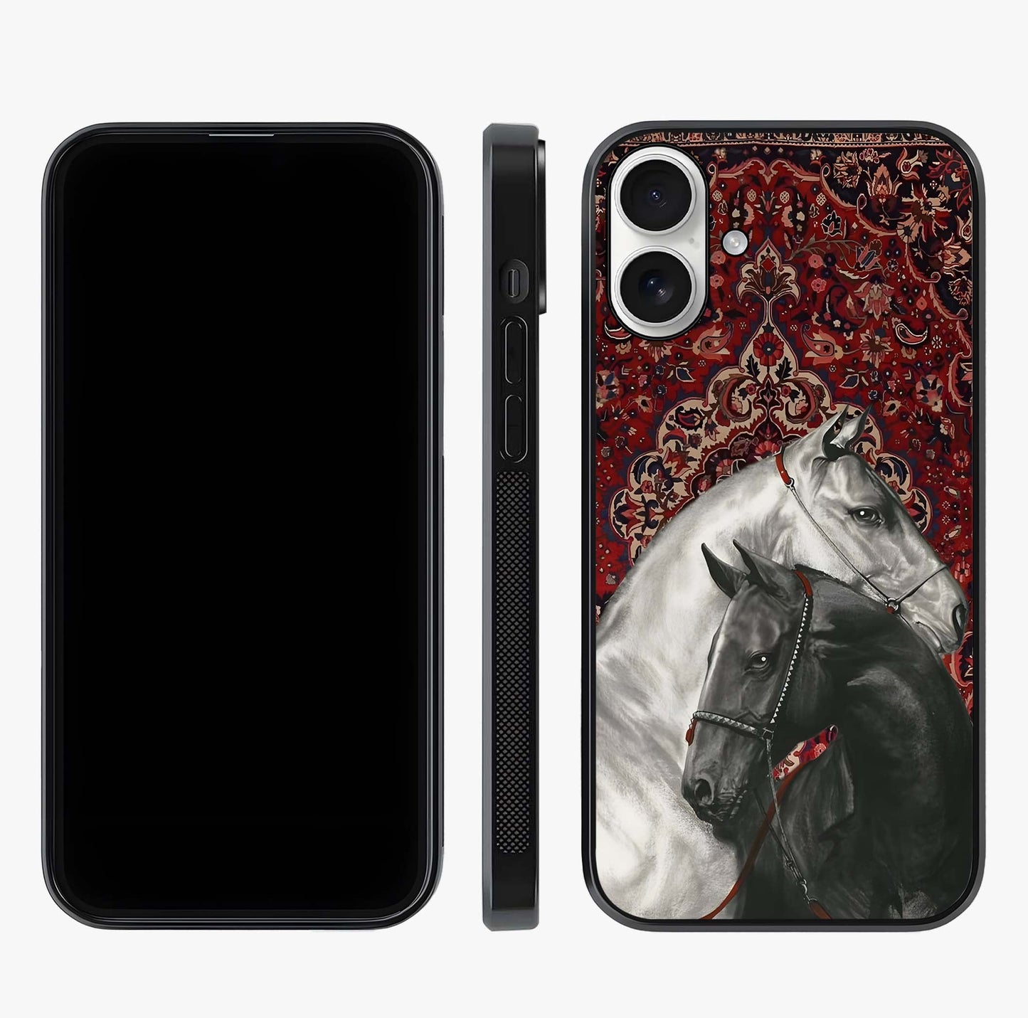 Regal Stallion Tapestry Glass Case displayed upright for full design visibility and premium finish.