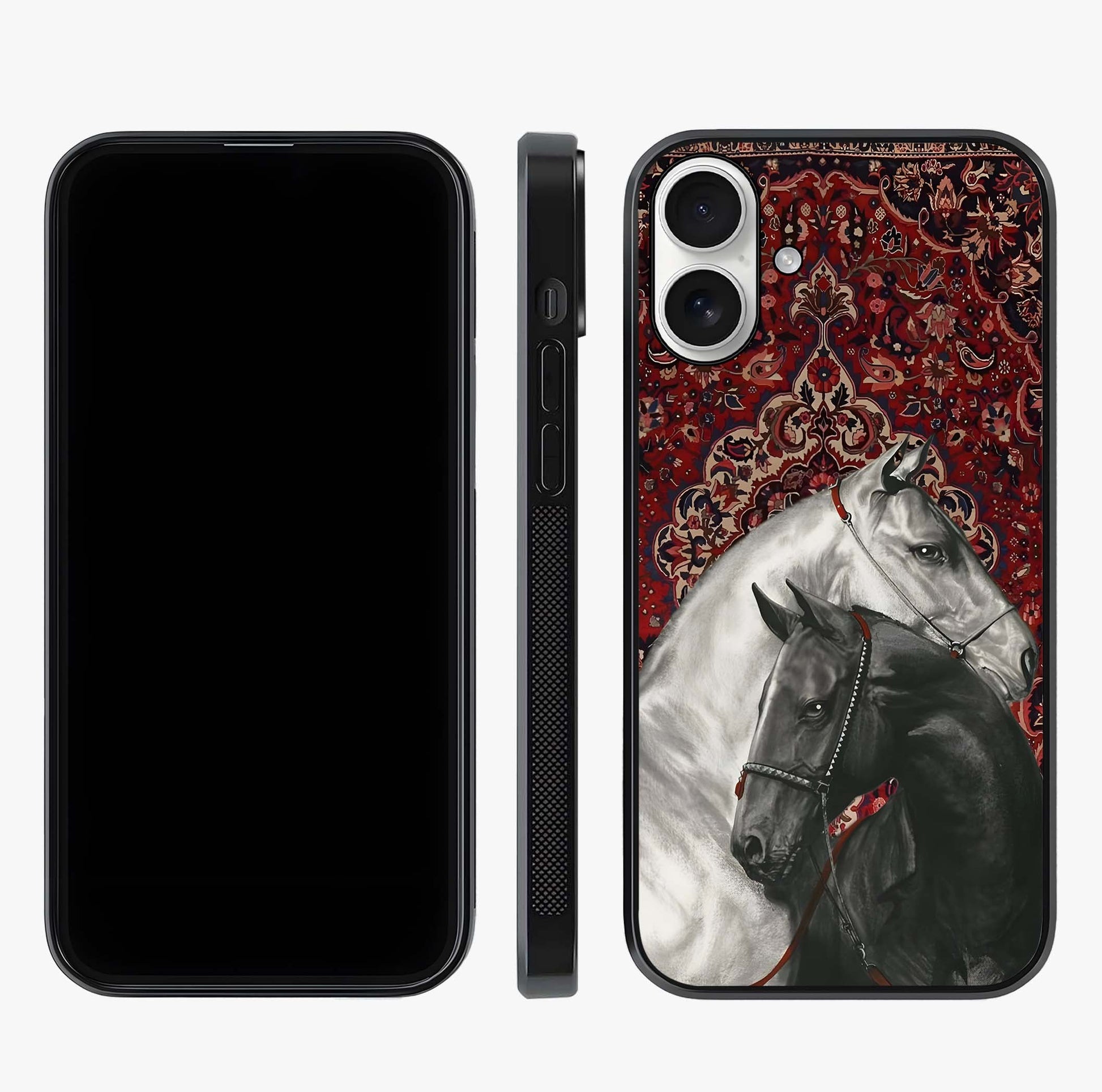 Regal Stallion Tapestry Glass Case displayed upright for full design visibility and premium finish.