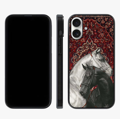 Regal Stallion Tapestry Glass Case displayed upright for full design visibility and premium finish.