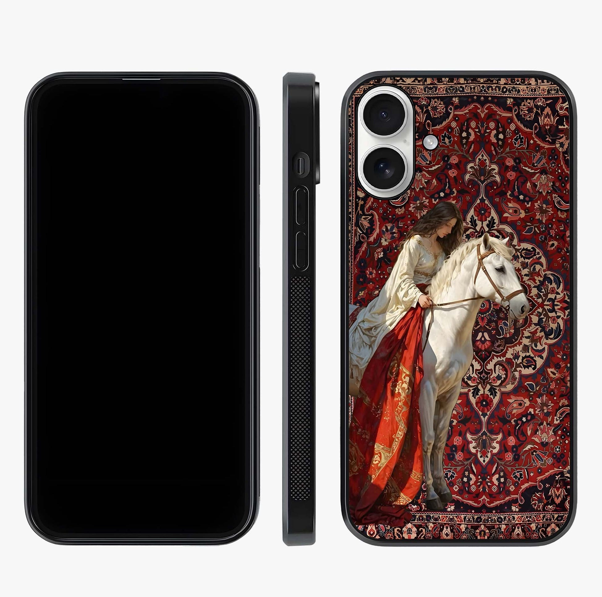 Royal Rider Tapestry Glass Case displayed upright for full design visibility and premium finish.