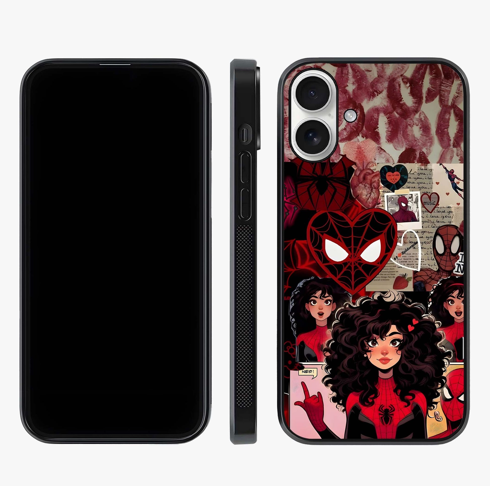 Spider Love Story Glass Case displayed upright for full design visibility and premium finish.