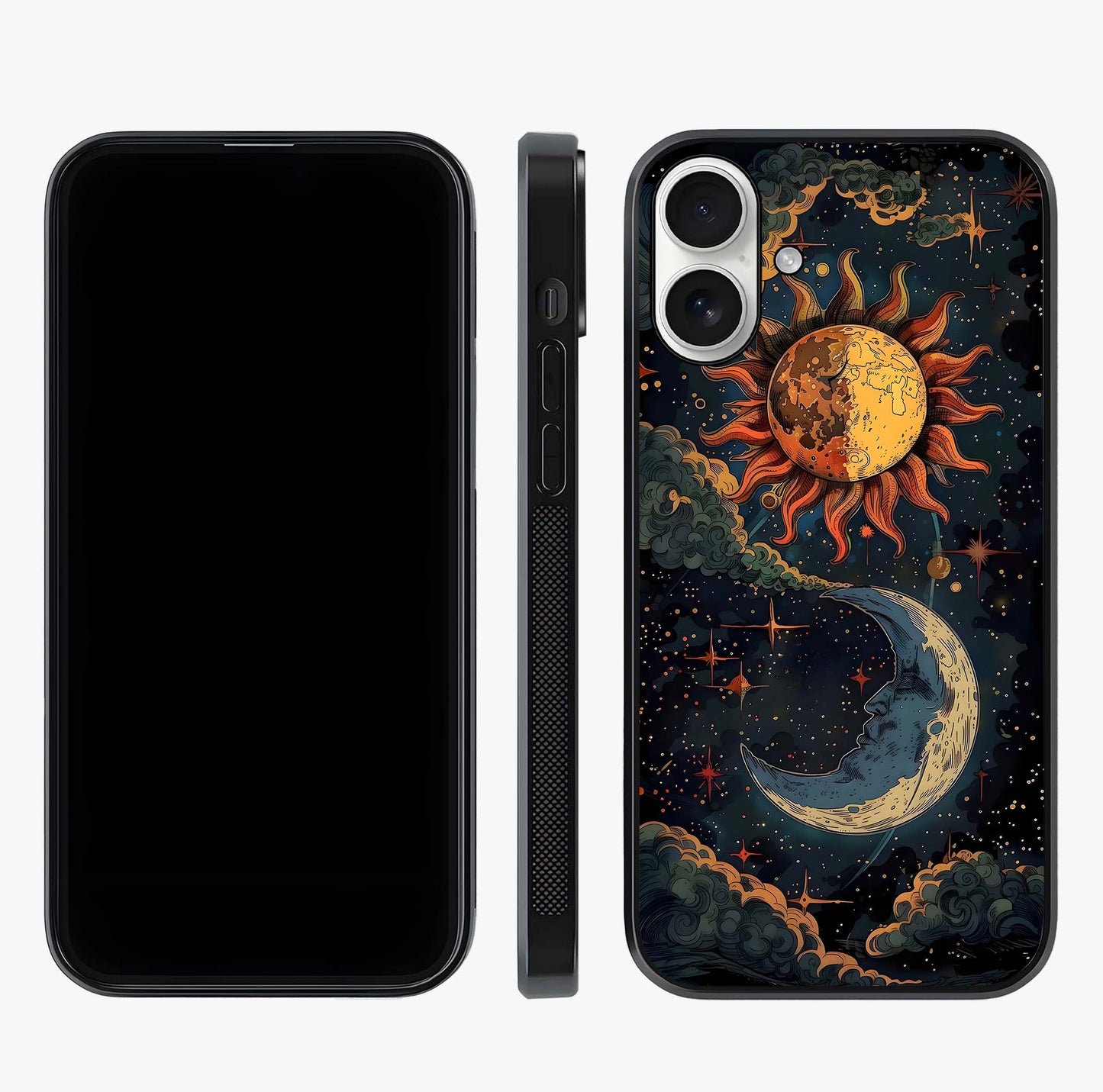 Sun And Moon Magic Design Glass Case displayed upright for full design visibility and premium finish.