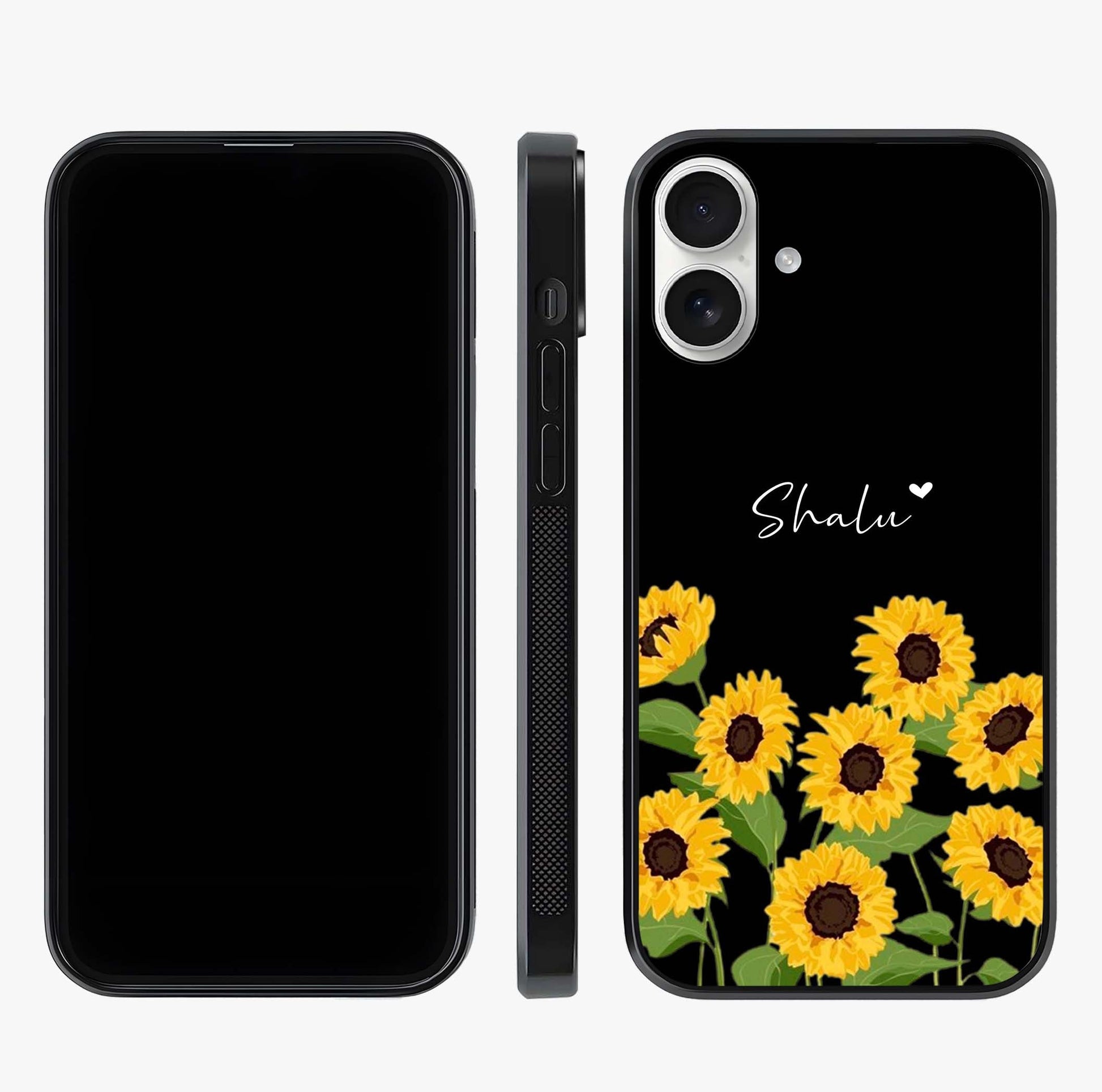 Sunflower Chic Mood Custom Name Glass Case displayed upright for full design visibility and premium finish.