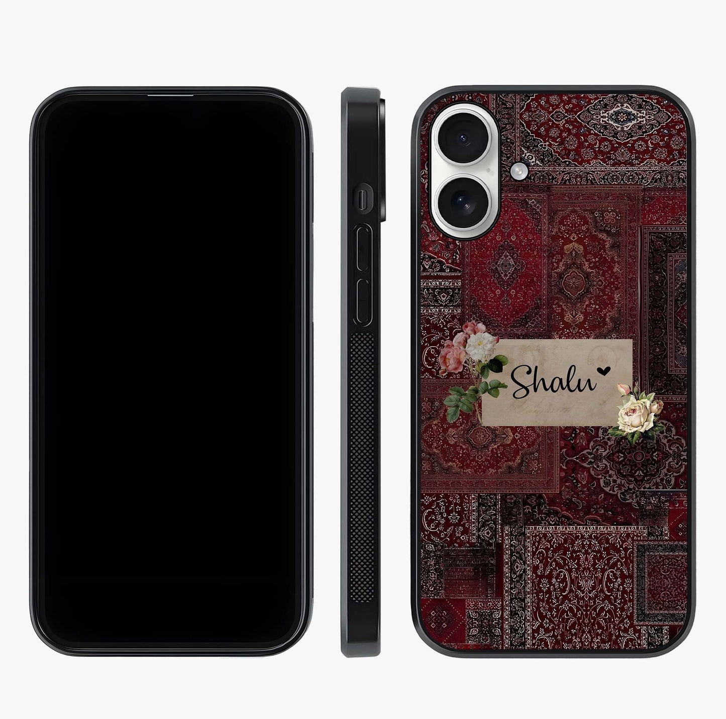Velvet Wine Pattern Custom Name Glass Case displayed upright for full design visibility and premium finish.