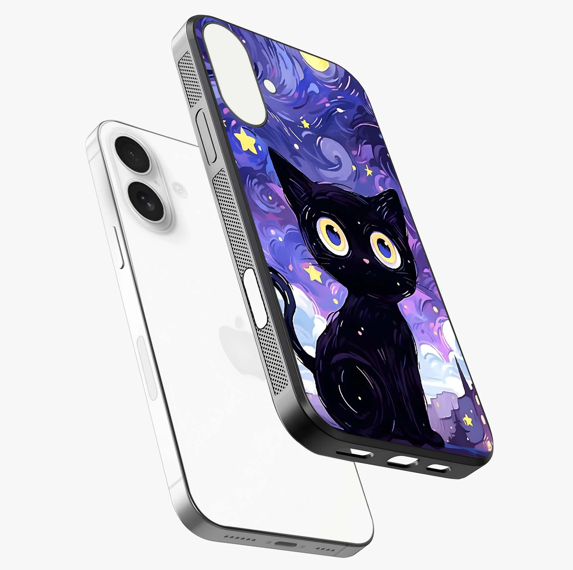 Abstract Cat Art Glass Case laid diagonally highlighting side profile, edges and glossy glass shine.