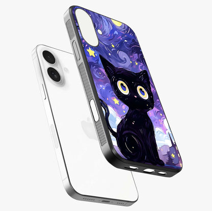 Abstract Cat Art Glass Case laid diagonally highlighting side profile, edges and glossy glass shine.