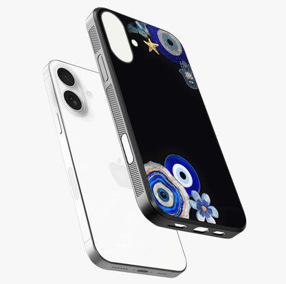 Aesthetic Blue Evil Eye Glass Case laid diagonally highlighting side profile, edges and glossy glass shine.