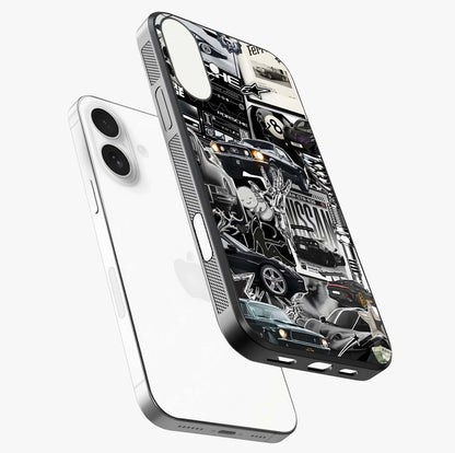 Aesthetic Dark Love Glass Case laid diagonally highlighting side profile, edges and glossy glass shine.
