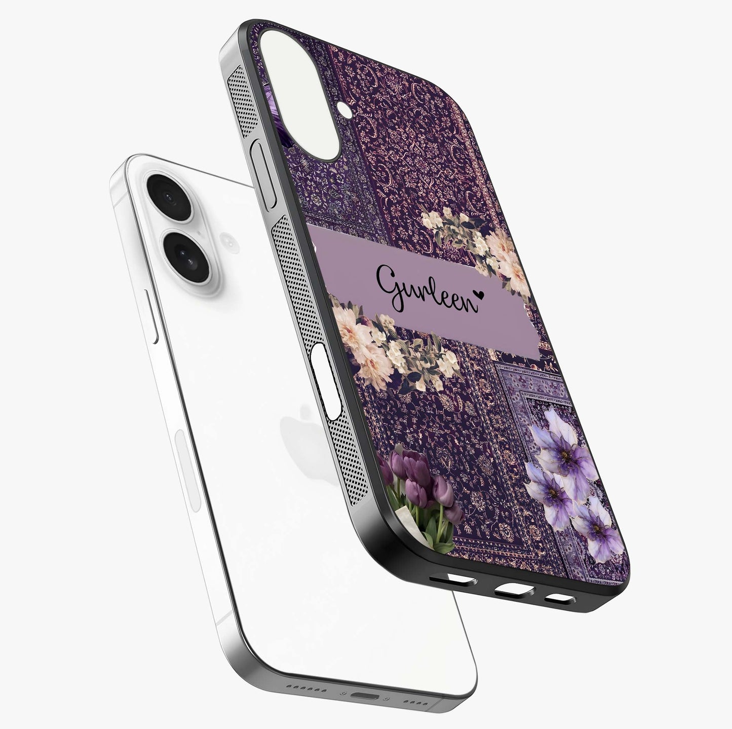 Antique Floral Whisper Custom Name Glass Case laid diagonally highlighting side profile, edges and glossy glass shine.