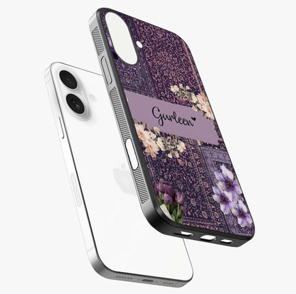 Antique Floral Whisper Custom Name Glass Case laid diagonally highlighting side profile, edges and glossy glass shine.